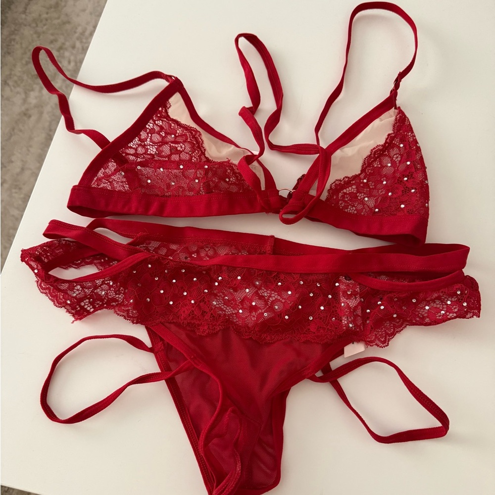Honeydew Lingerie Set - Red Lace Rhinestone Bralette & Brief Set
